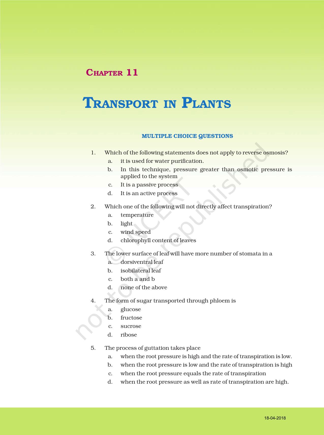 NCERT Exemplar Book for Class 11 Biology: Chapter 11 Transport in Plants - Page 1