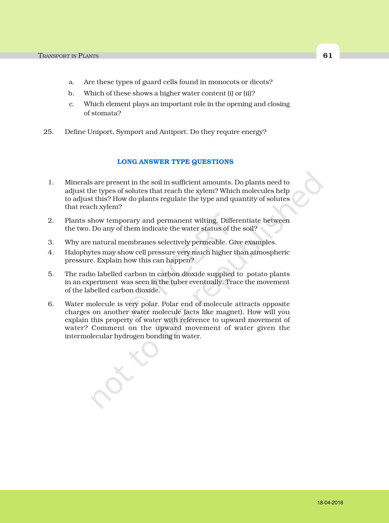 NCERT Exemplar Book for Class 11 Biology: Chapter 11 Transport in Plants - Page 8