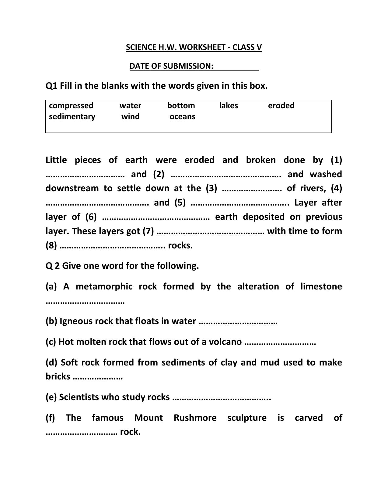 Worksheet for Class 5 Science Rock Assignment - Page 1