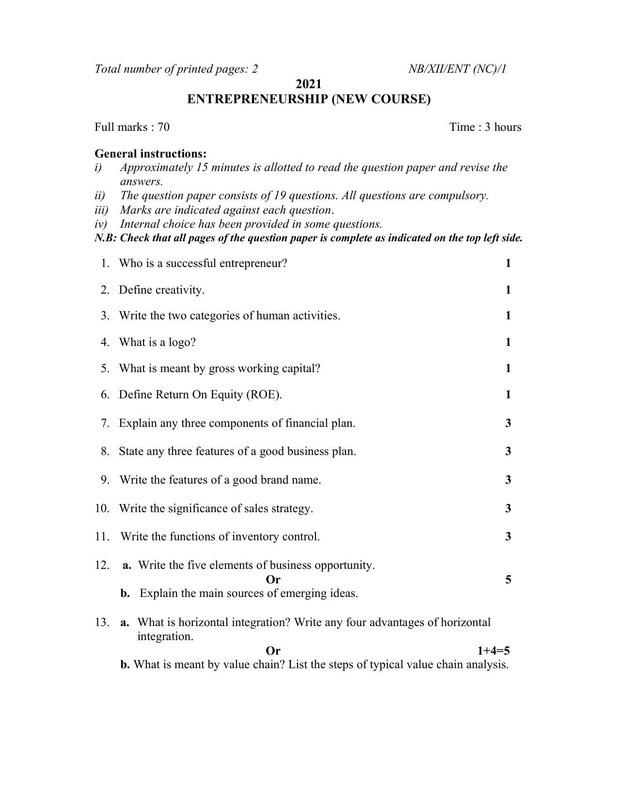 Nagaland Board Class 12 Entrepreneurship 2021 Question Paper - Page 1