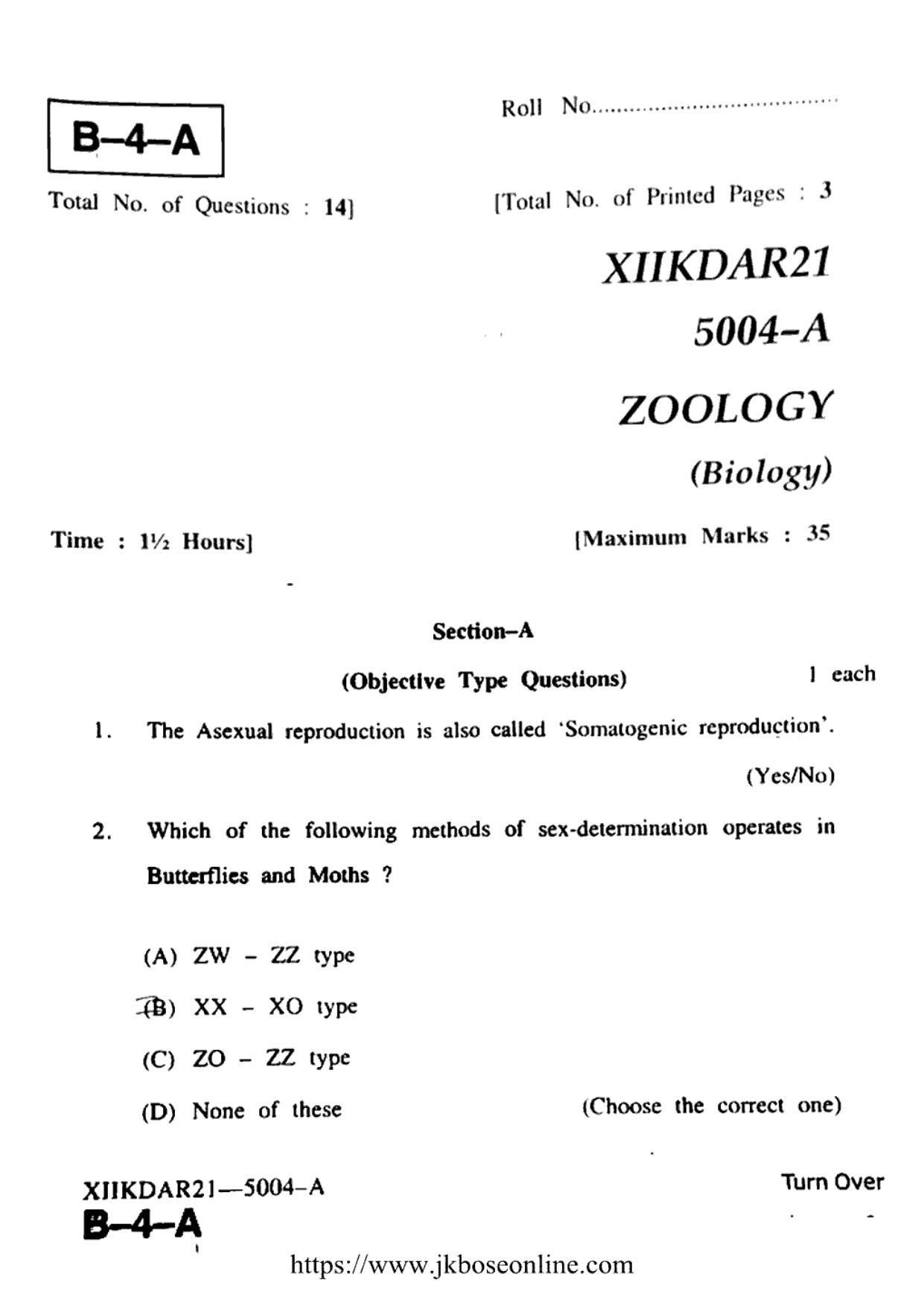 JKBOSE Class 12 Biology-Zoology 5004-A Question Papers 2021 - Page 1
