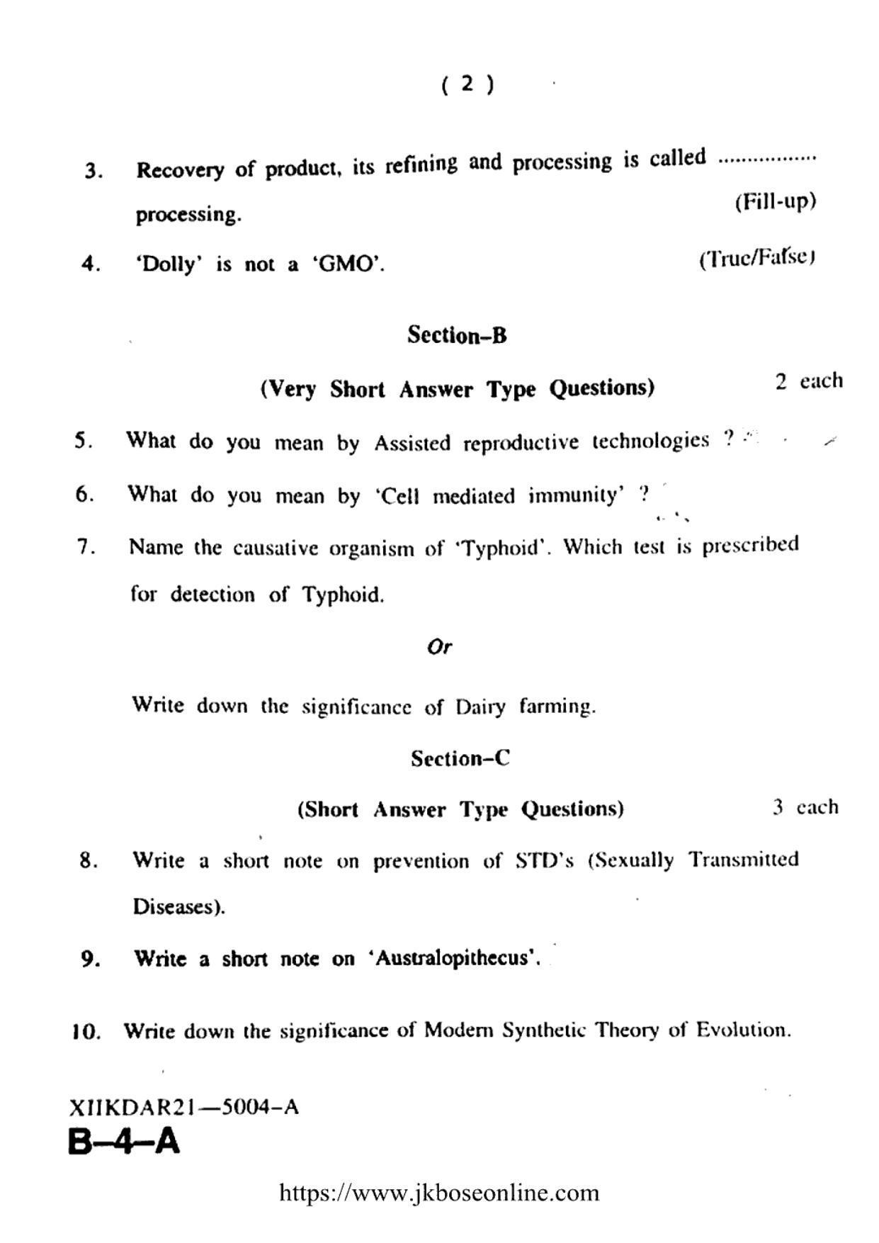 JKBOSE Class 12 Biology-Zoology 5004-A Question Papers 2021 - Page 2