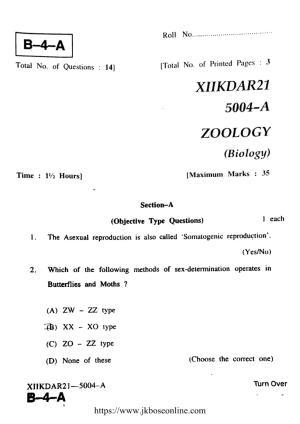 JKBOSE Class 12 Biology-Zoology 5004-A Question Papers 2021