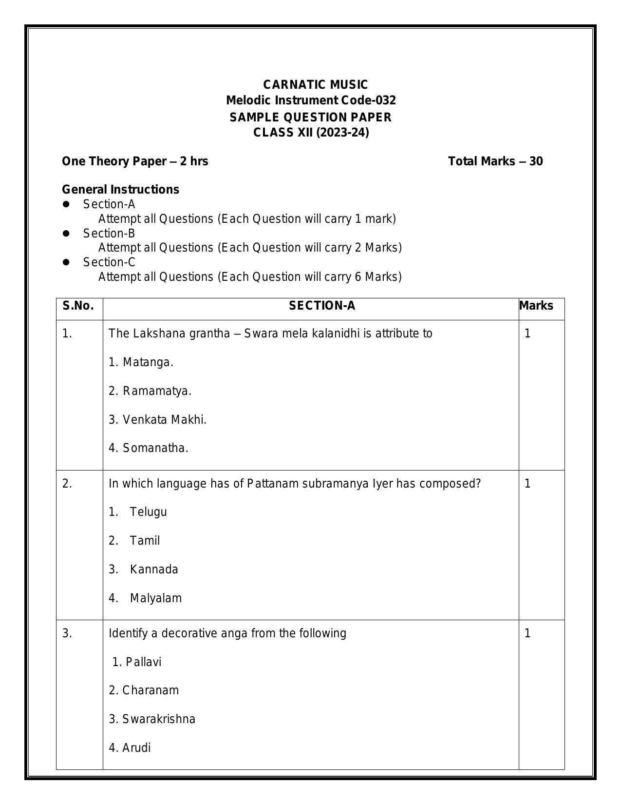 CBSE Class 12 Carnatic Melodic Sample Paper 2024 - Page 1