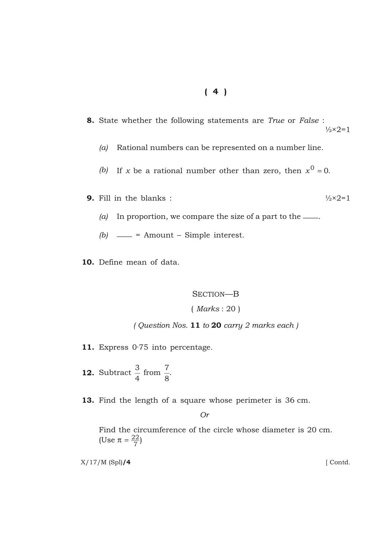Meghalaya Board (MBOSE) Class 10 MATHEMATICS ( Special ) 2017 Question Paper - Page 4