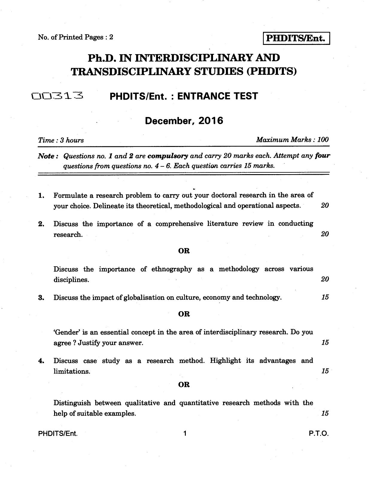 IGNOU PhD Entrance Test Ph.D Interdisciplinary And Transdisciplinary Studies (PHDITS) 2016 Question Paper - Page 1