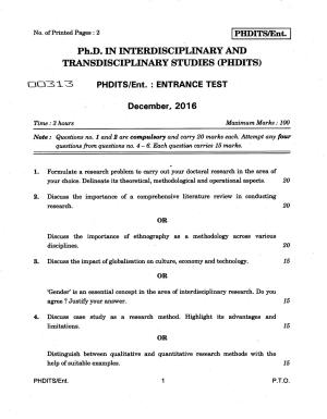 IGNOU PhD Entrance Test Ph.D Interdisciplinary And Transdisciplinary Studies (PHDITS) 2016 Question Paper
