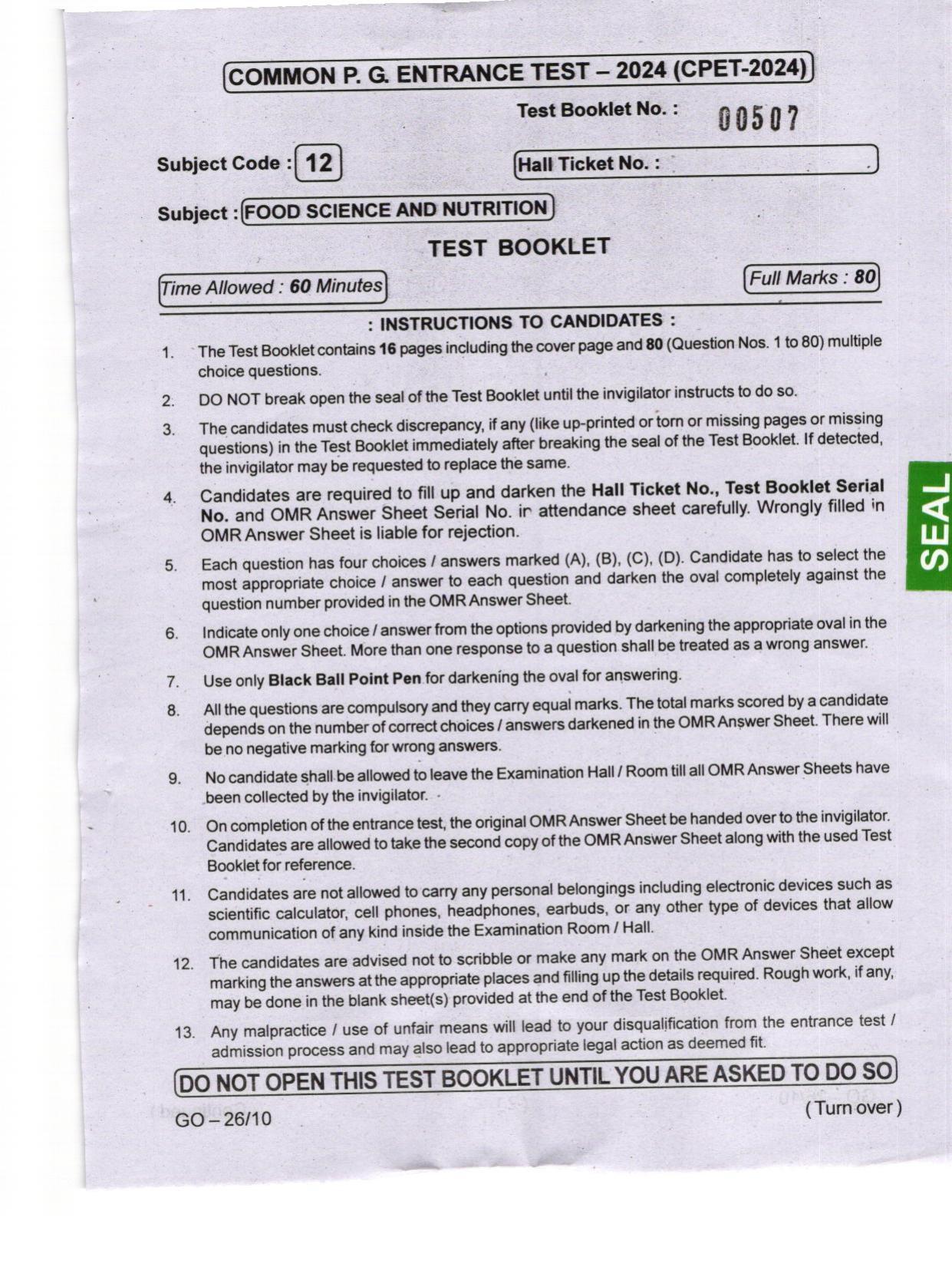 Odisha CPET 2024 FOOD SCIENCE NUTRITION Question Paper - Page 1