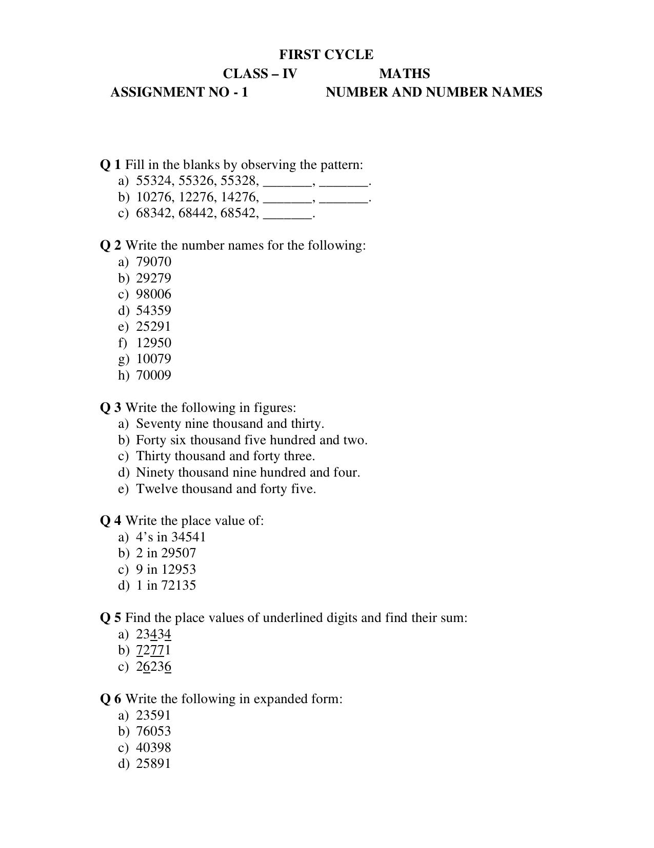 Worksheet for Class 4 Maths Assignment 16 - Page 1