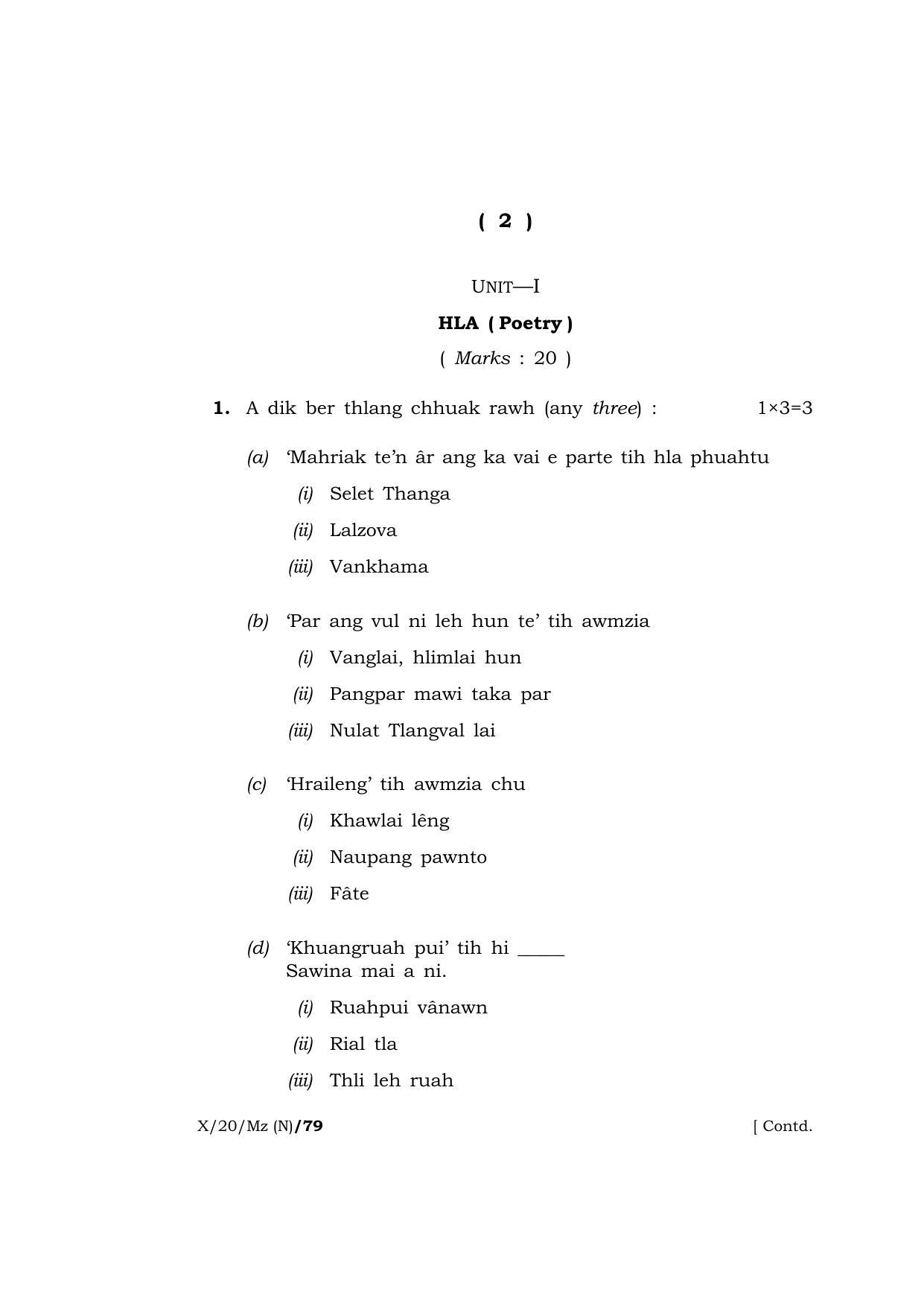 Meghalaya Board (MBOSE) Class 10 MIZO ( INDIAN LANGUAGE ) ( New Course ) 2020 Question Paper - Page 2