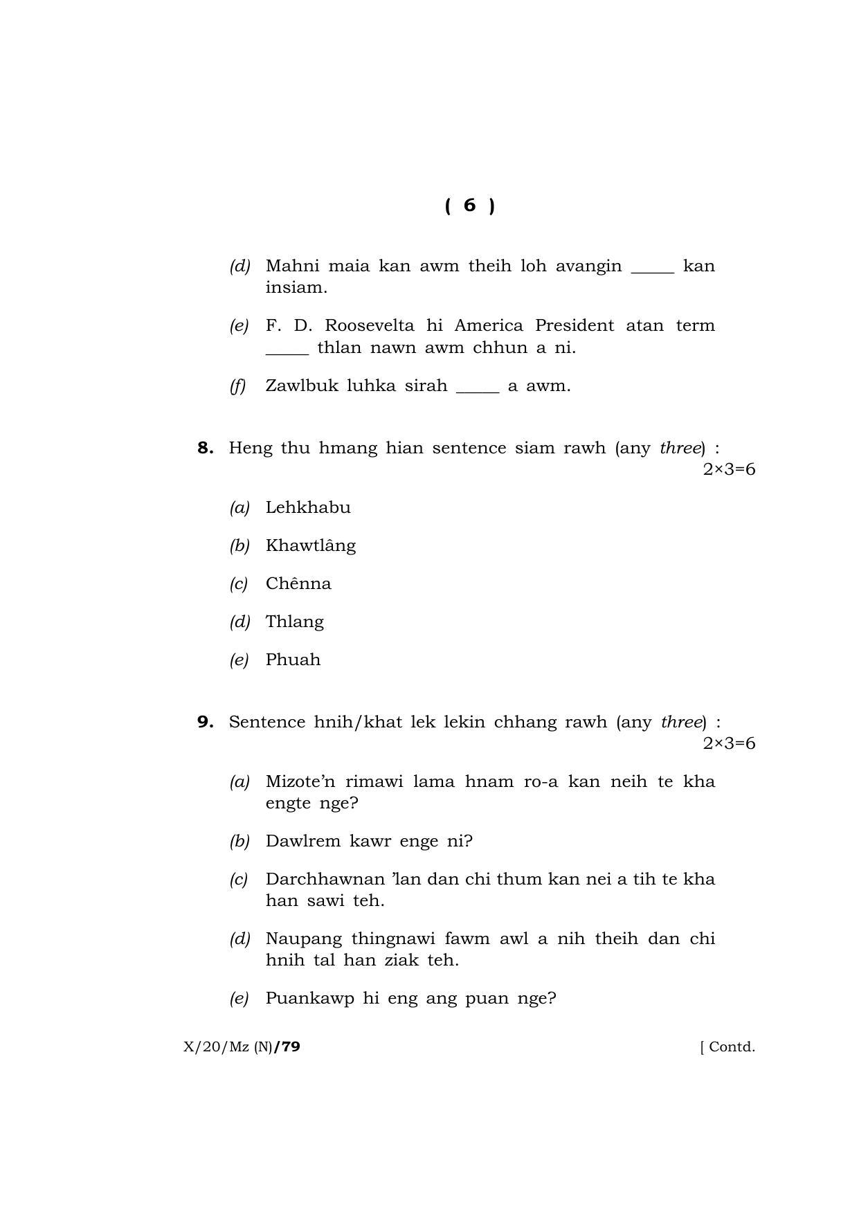 Meghalaya Board (MBOSE) Class 10 MIZO ( INDIAN LANGUAGE ) ( New Course ) 2020 Question Paper - Page 6