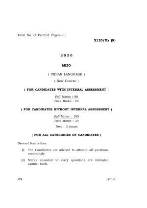 Meghalaya Board (MBOSE) Class 10 MIZO ( INDIAN LANGUAGE ) ( New Course ) 2020 Question Paper
