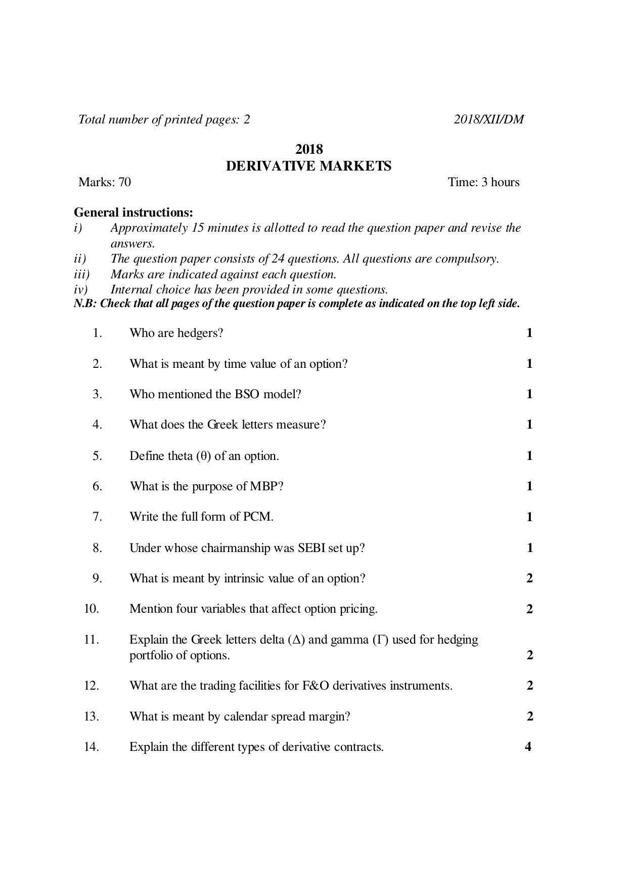 Nagaland Board Class 12 DERIVATIVE MARKETS 2018 Question Papers - Page 1