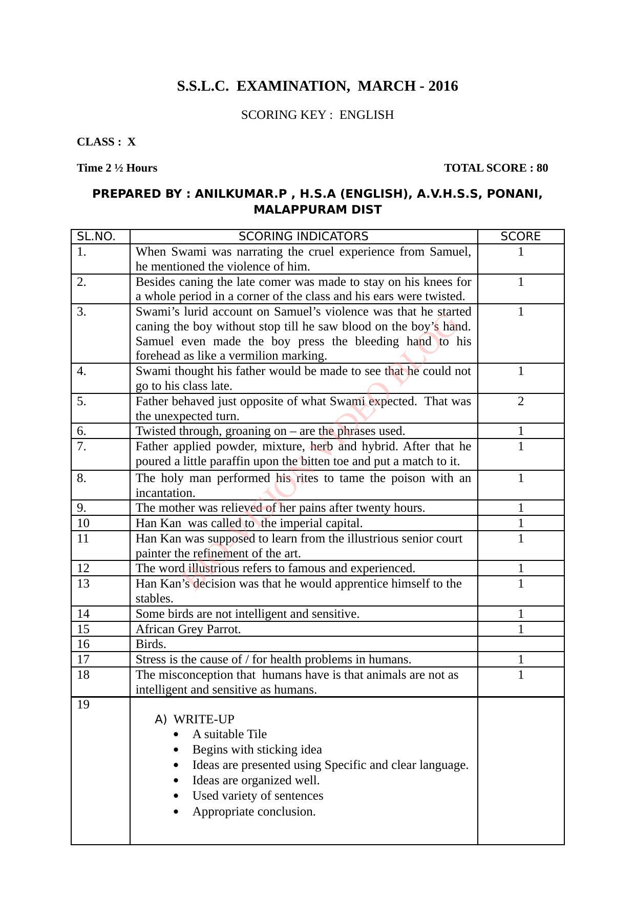 Kerala SSLC 2016 English Answer Key - Page 1