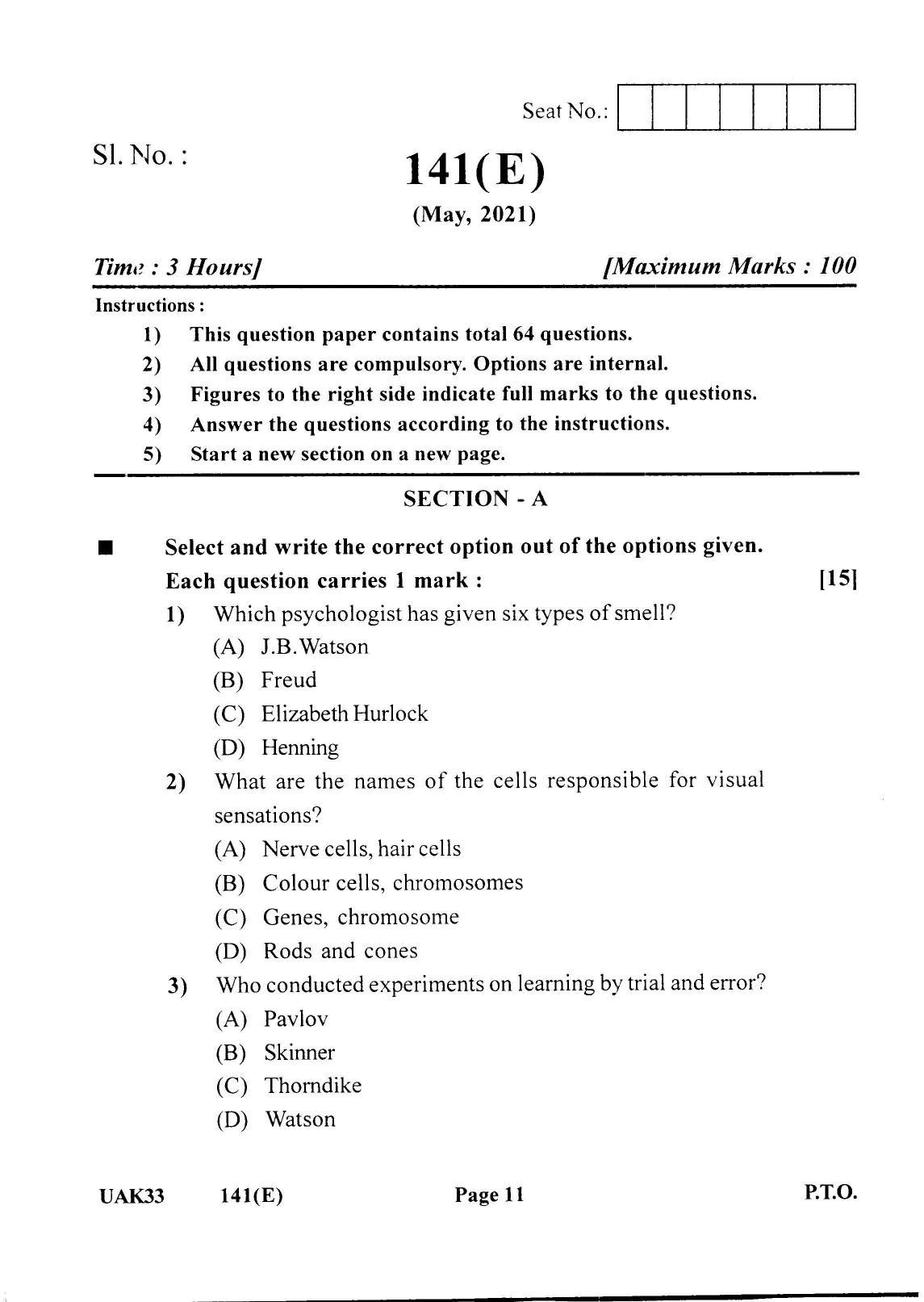 Gujarat Board Class 12th Question Paper 2021: (GHE) Psychology - Page 11