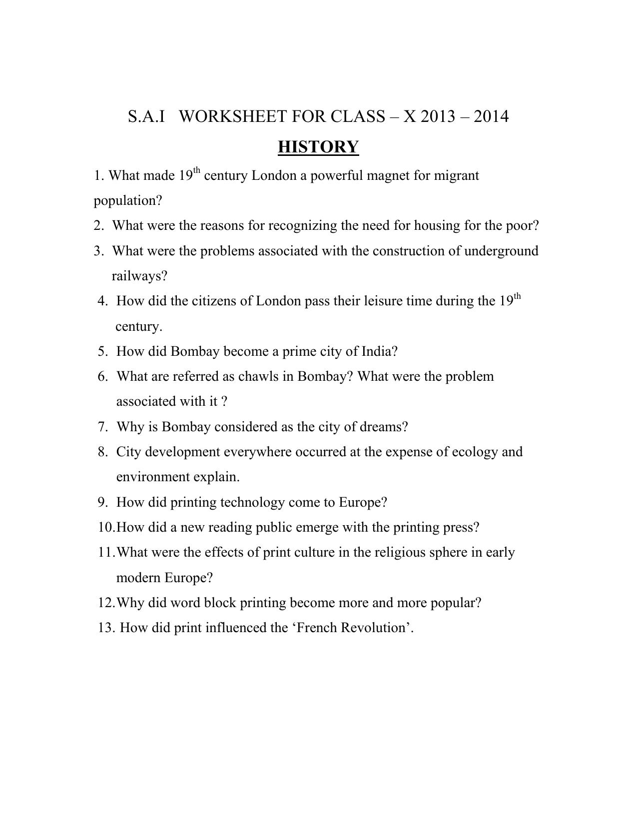 CBSE Worksheets for Class 10 Social Science History SA1 Assignment 1 - Page 1