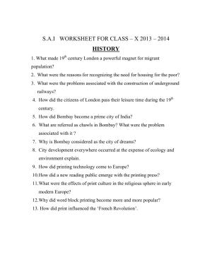 CBSE Worksheets for Class 10 Social Science History SA1 Assignment 1