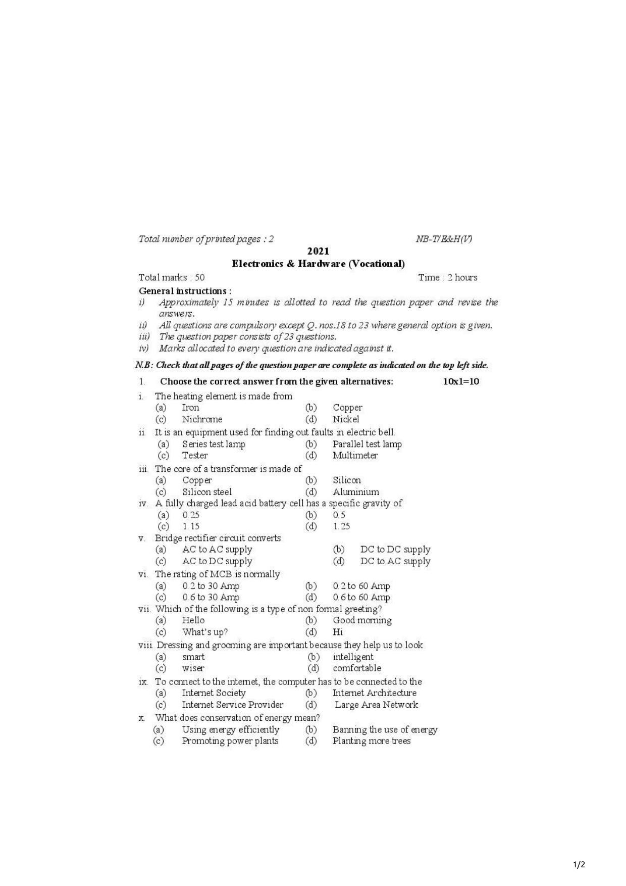 Nagaland Board Class 10 electronics and hardware 2021 Question Paper - Page 1