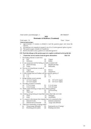 Nagaland Board Class 10 electronics and hardware 2021 Question Paper
