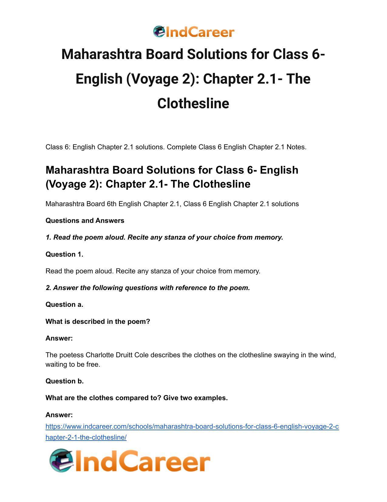 Maharashtra Board Solutions for Class 6- English (Voyage 2): Chapter 2.1- The Clothesline - Page 2