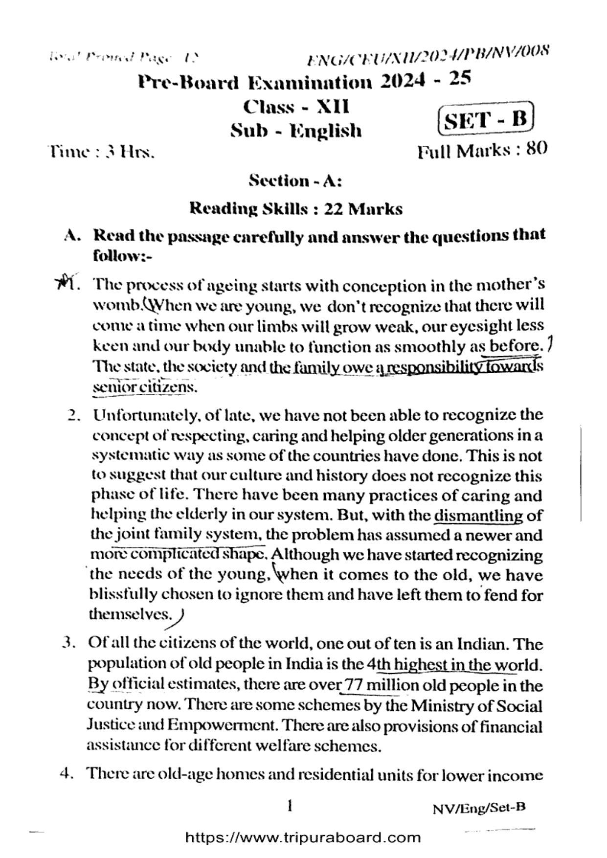 TBSE Class 12 PB English Set-B Question Paper 2025 - Page 1