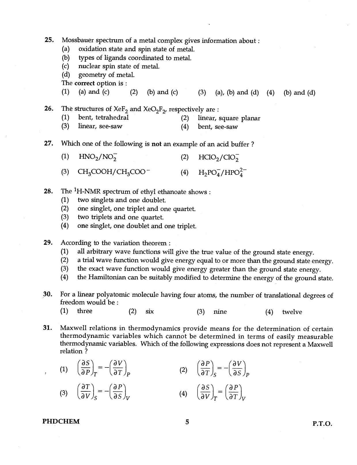IGNOU PhD Entrance Test Ph.D. (Chemistry) Programme 2016 Question Paper - Page 5
