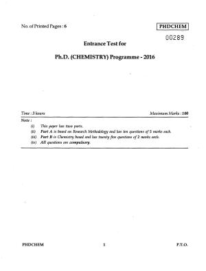 IGNOU PhD Entrance Test Ph.D. (Chemistry) Programme 2016 Question Paper