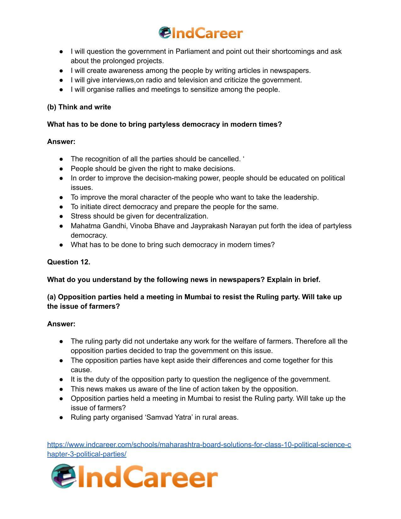 Maharashtra Board Solutions for Class 10- Political Science: Chapter 3- Political Parties - Page 22