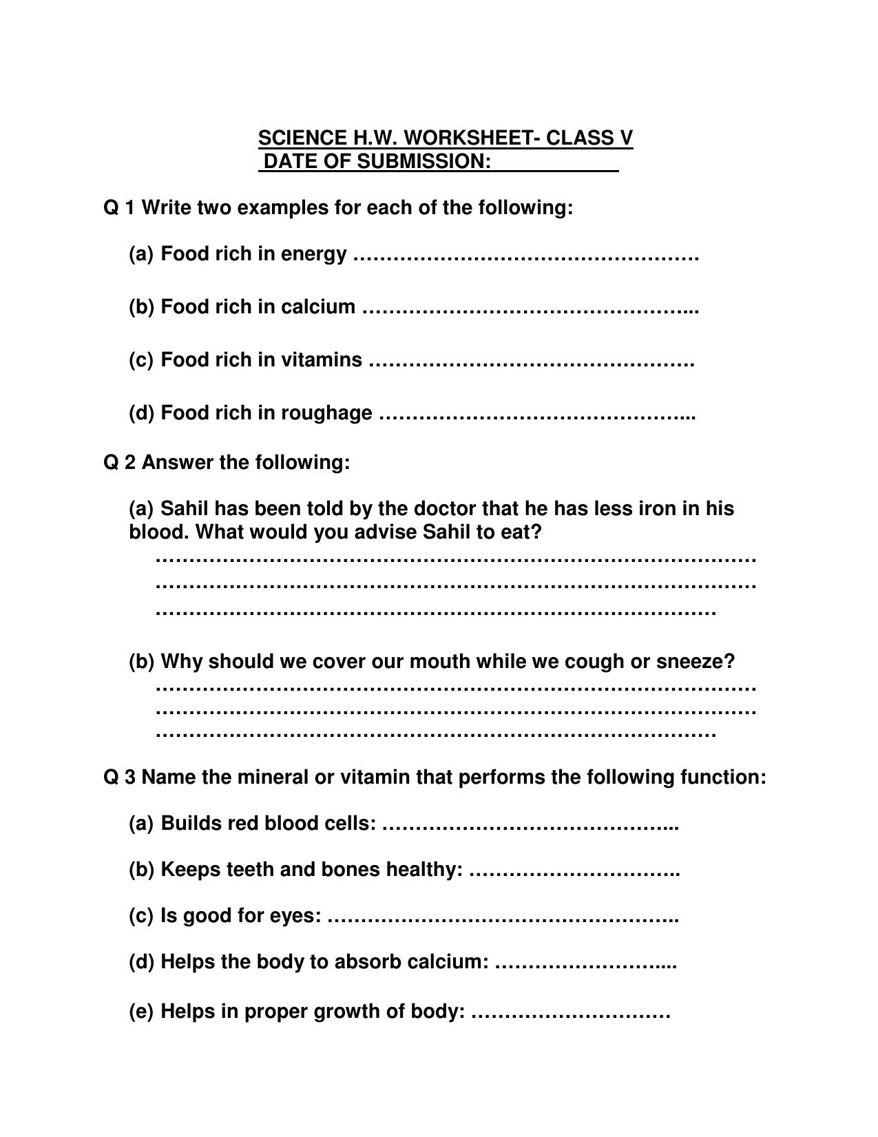 Worksheet for Class 5 Science Food Assignment - Page 1