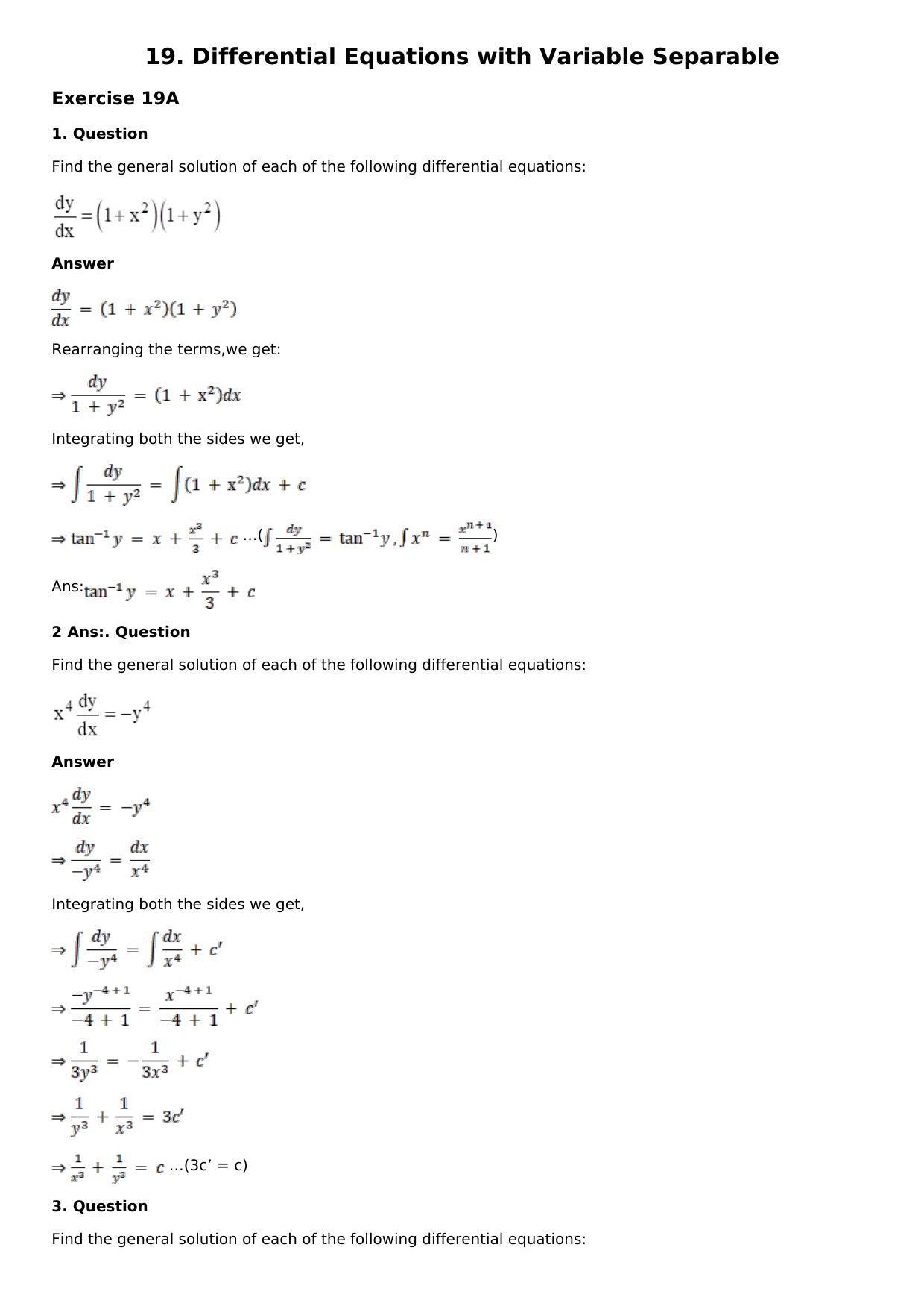 Chapter 19: Differential Equations with Variable Separable Solutions: RS Aggarwal Class 12 Solutions - Page 1