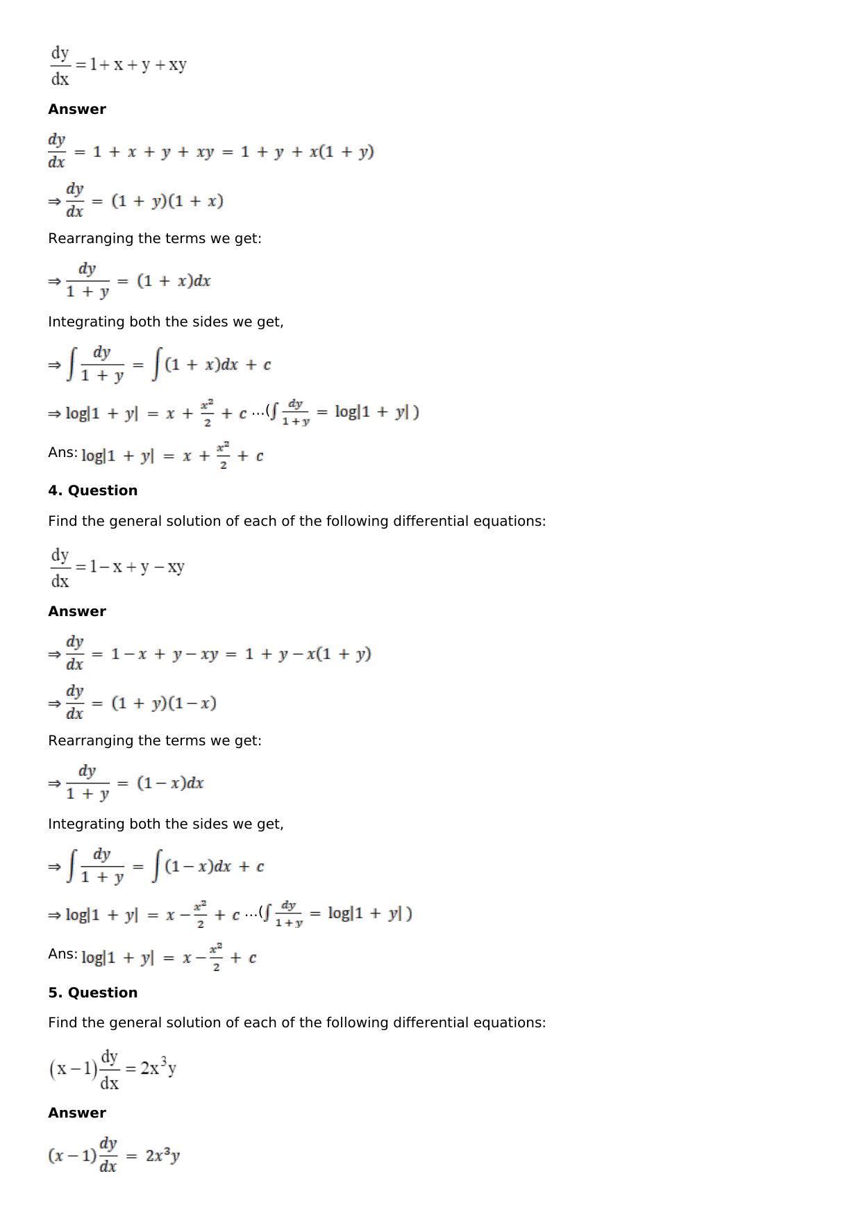 Chapter 19: Differential Equations with Variable Separable Solutions: RS Aggarwal Class 12 Solutions - Page 2