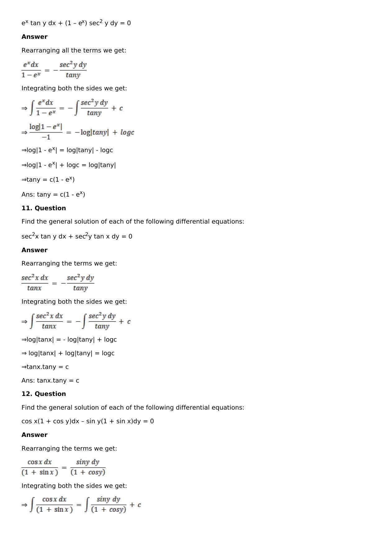 Chapter 19: Differential Equations with Variable Separable Solutions: RS Aggarwal Class 12 Solutions - Page 5