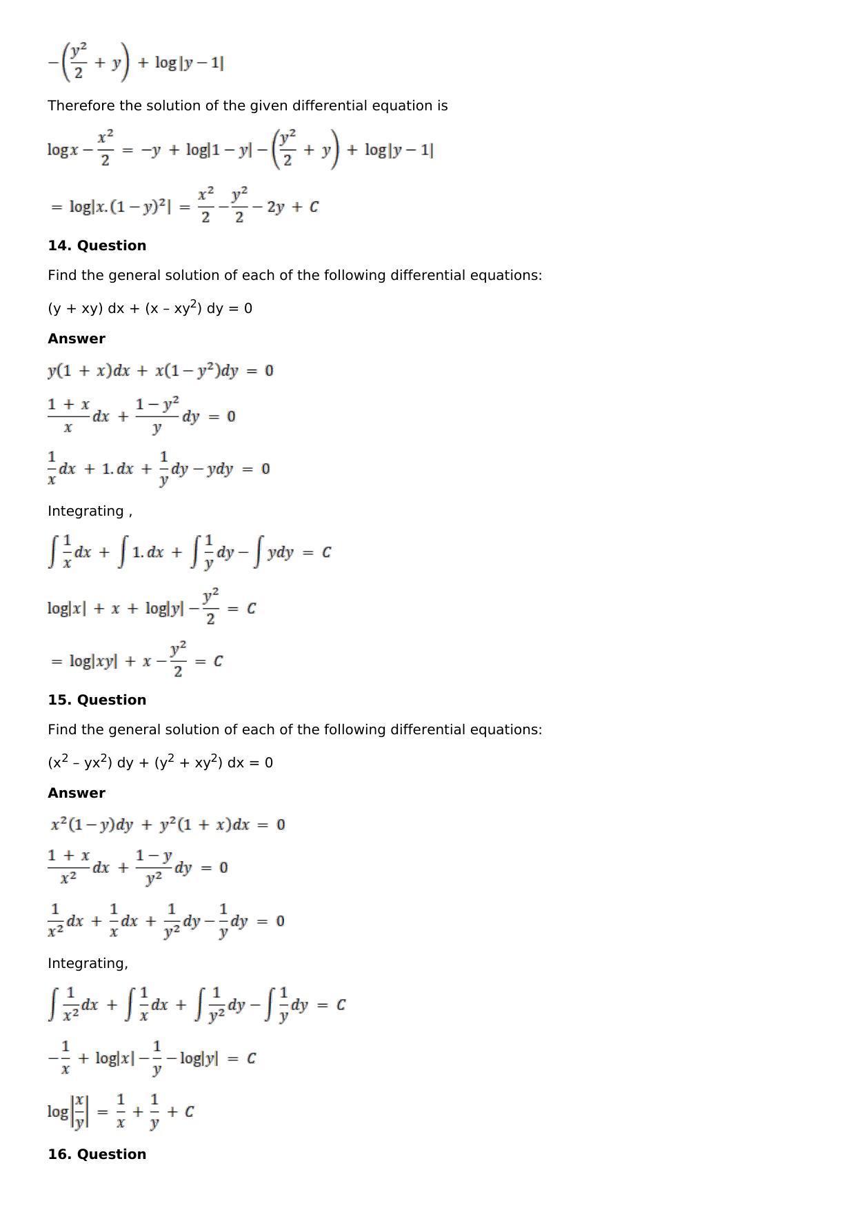 Chapter 19: Differential Equations with Variable Separable Solutions: RS Aggarwal Class 12 Solutions - Page 16