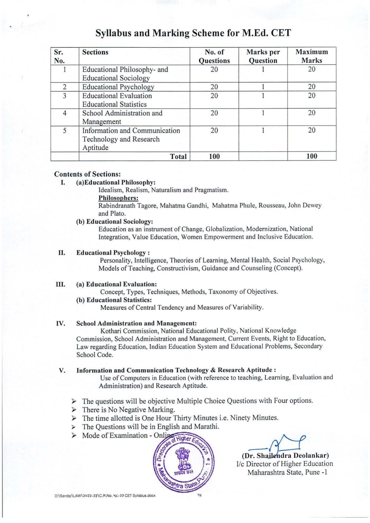 MAH M.Ed CET Syllabus - Page 1