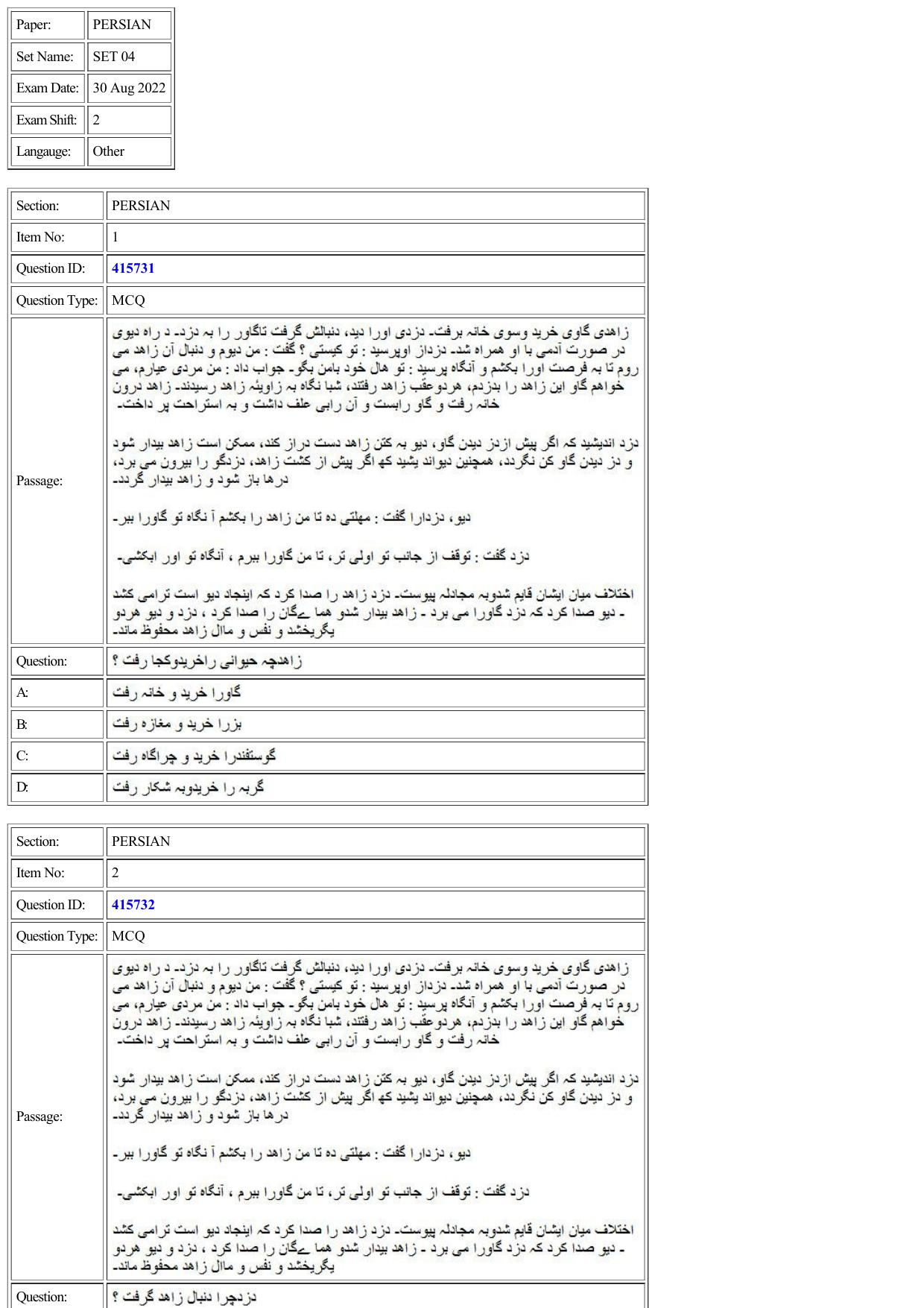 CUET 2022 Question Paper of Persian - Page 1