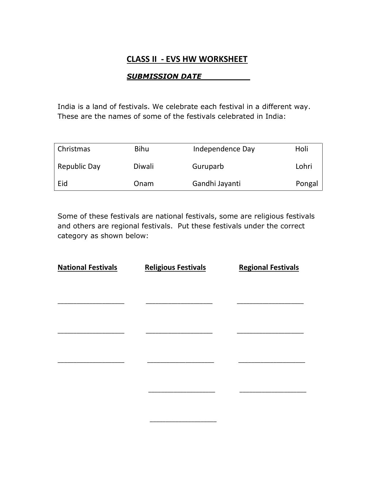Worksheets for Class 2 EVS Assignment 45 festivals - Page 1