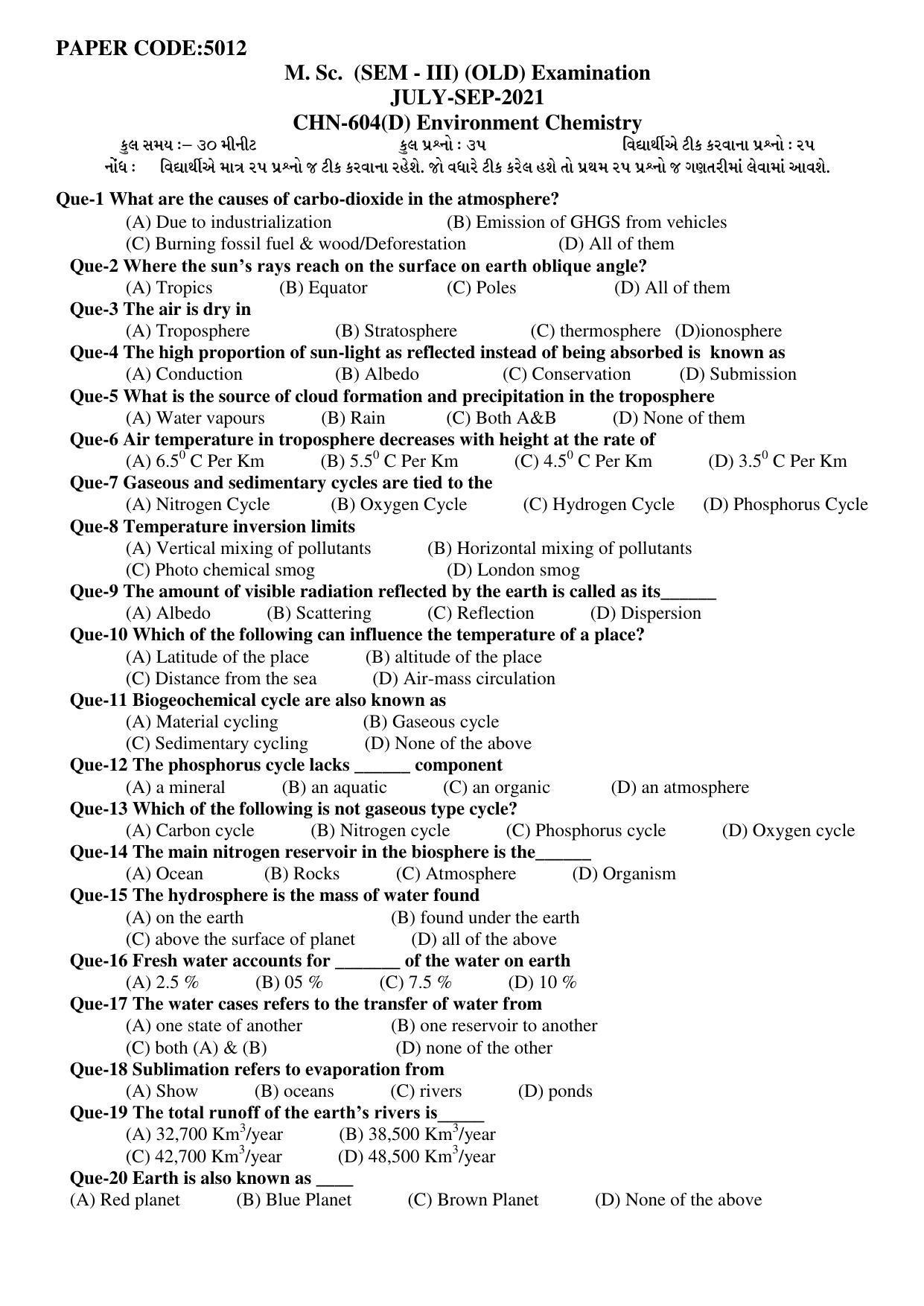 Hemchand North Gujarat University Sample Paper July-Sept 2021: M. Sc. Sem -III CH N - 604 (D) Environment Chemistry Paper Code - 5012 (Old Course) - Page 1