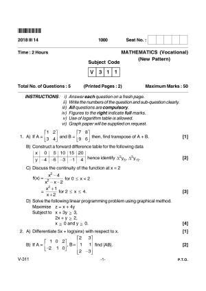 Goa Board Class 12 Mathematics (Voc) Voc 311 New Pattern (March 2018) Question Paper