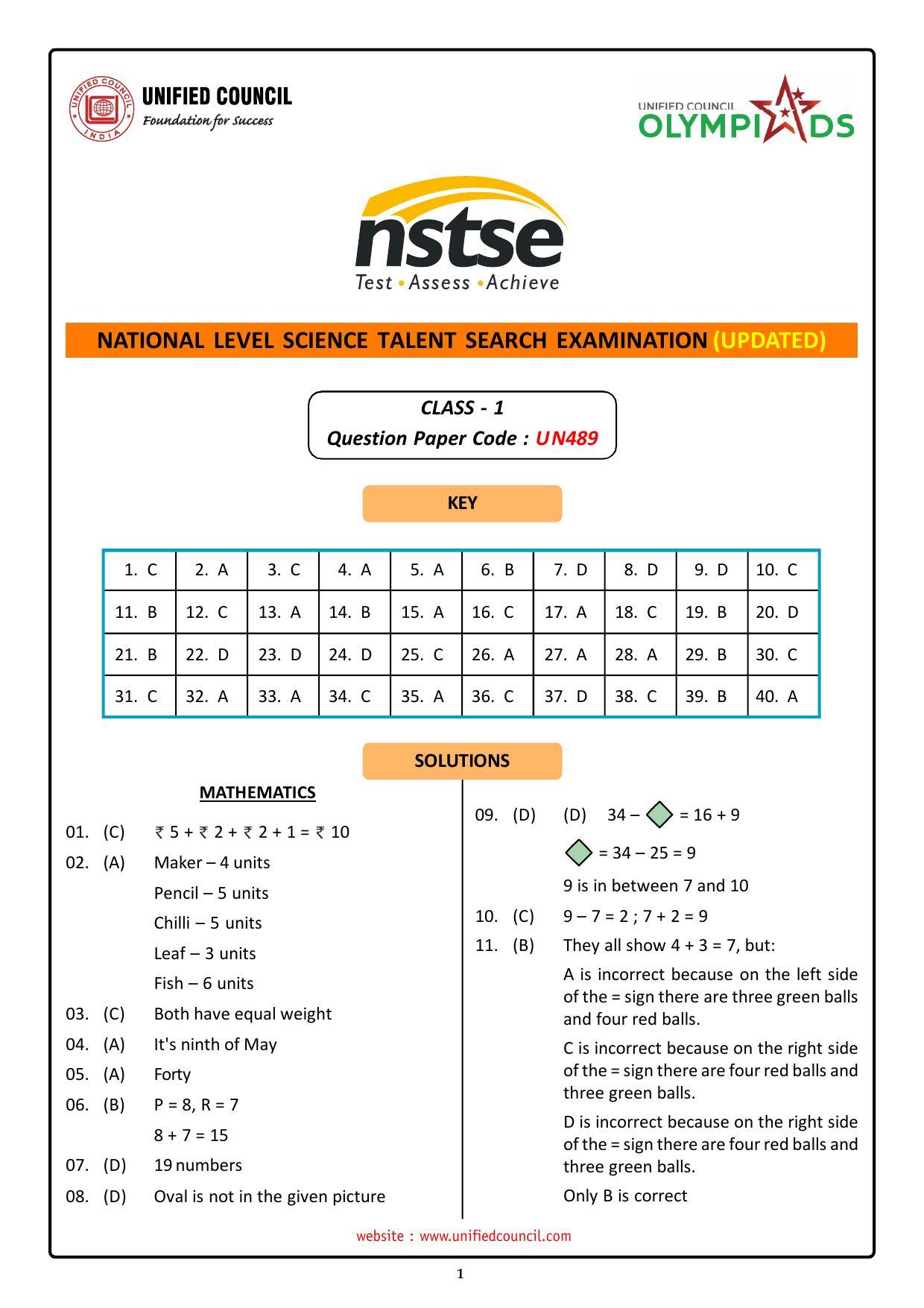 NSTSE 2023 Class 1 Answer Key (Paper Code 489) - Page 1