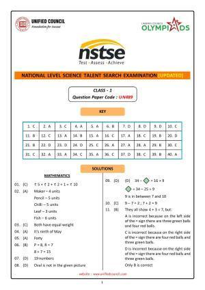 NSTSE 2023 Class 1 Answer Key (Paper Code 489)