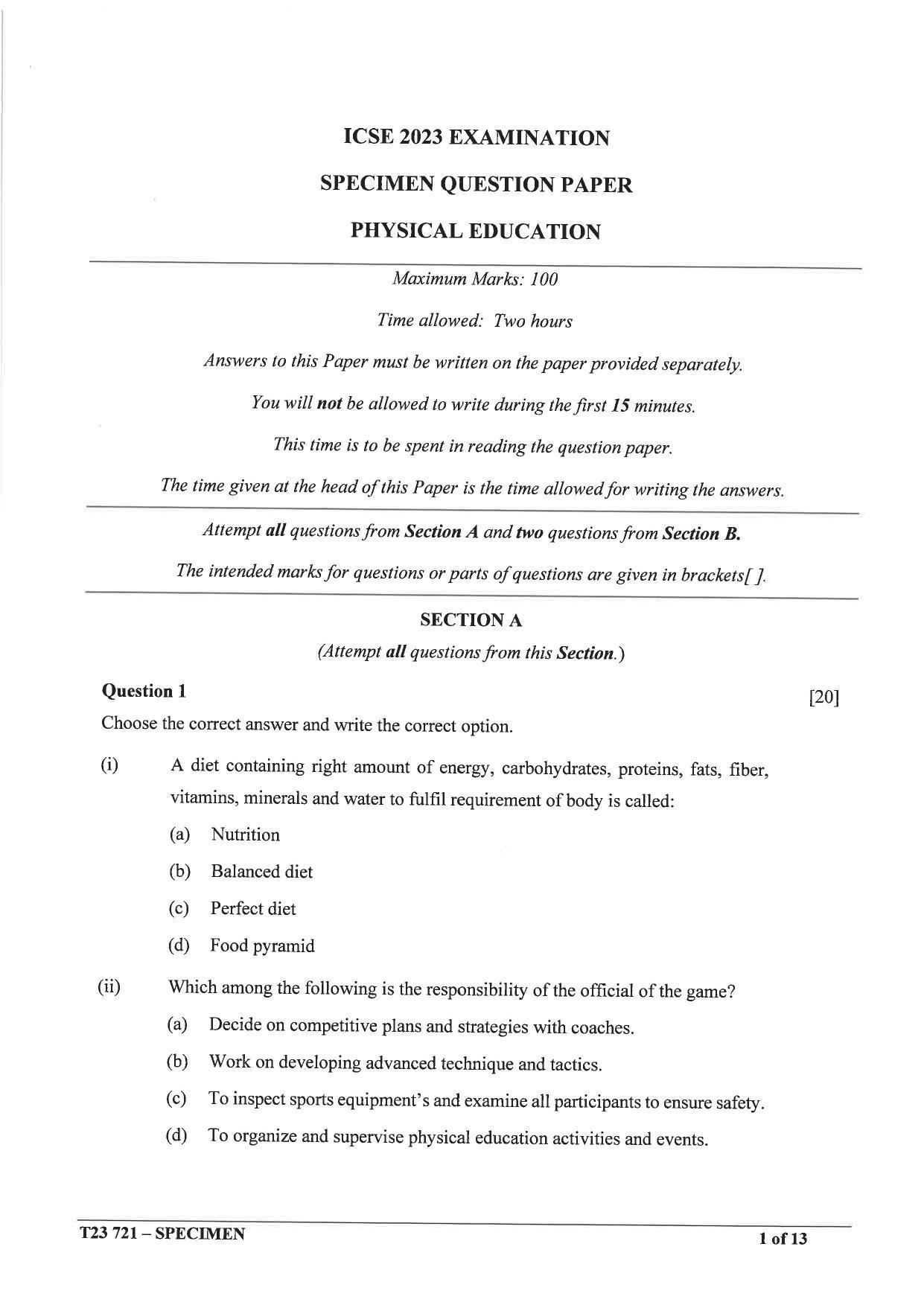 ICSE Class 10 Physical Education Sample Paper 2023 - Page 1
