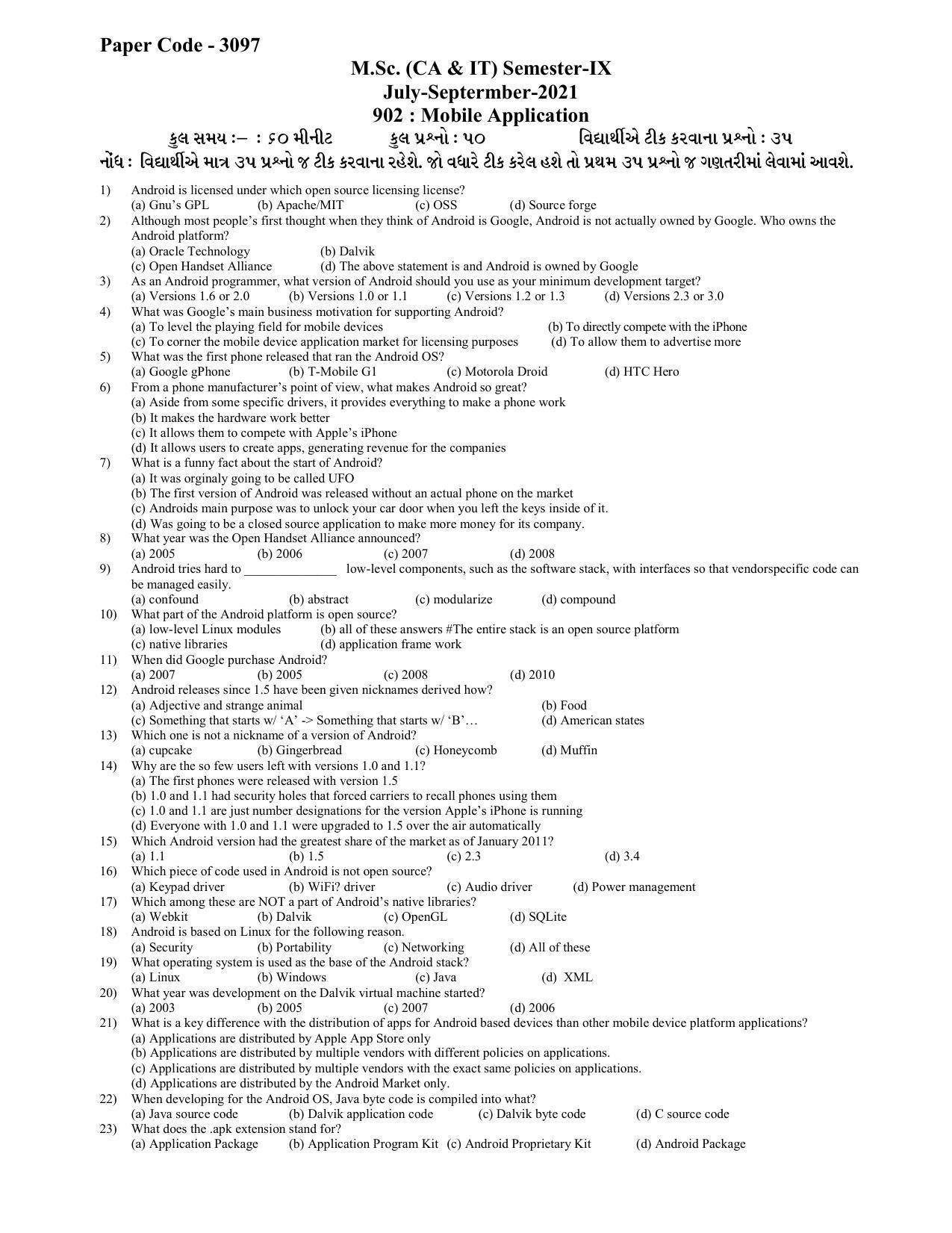 Hemchand North Gujarat University Sample Paper July-Sept 2021: M.Sc. (CA & IT) Sem - IX 902 : Mobile Application - Page 1