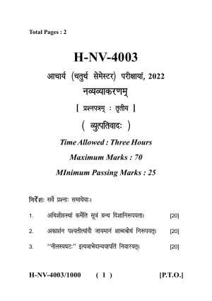 Sarguja University Question Paper - 2022 :   Aacharya Navyavyakaran (Fourth Sem.) Vyutpativad Paper 1