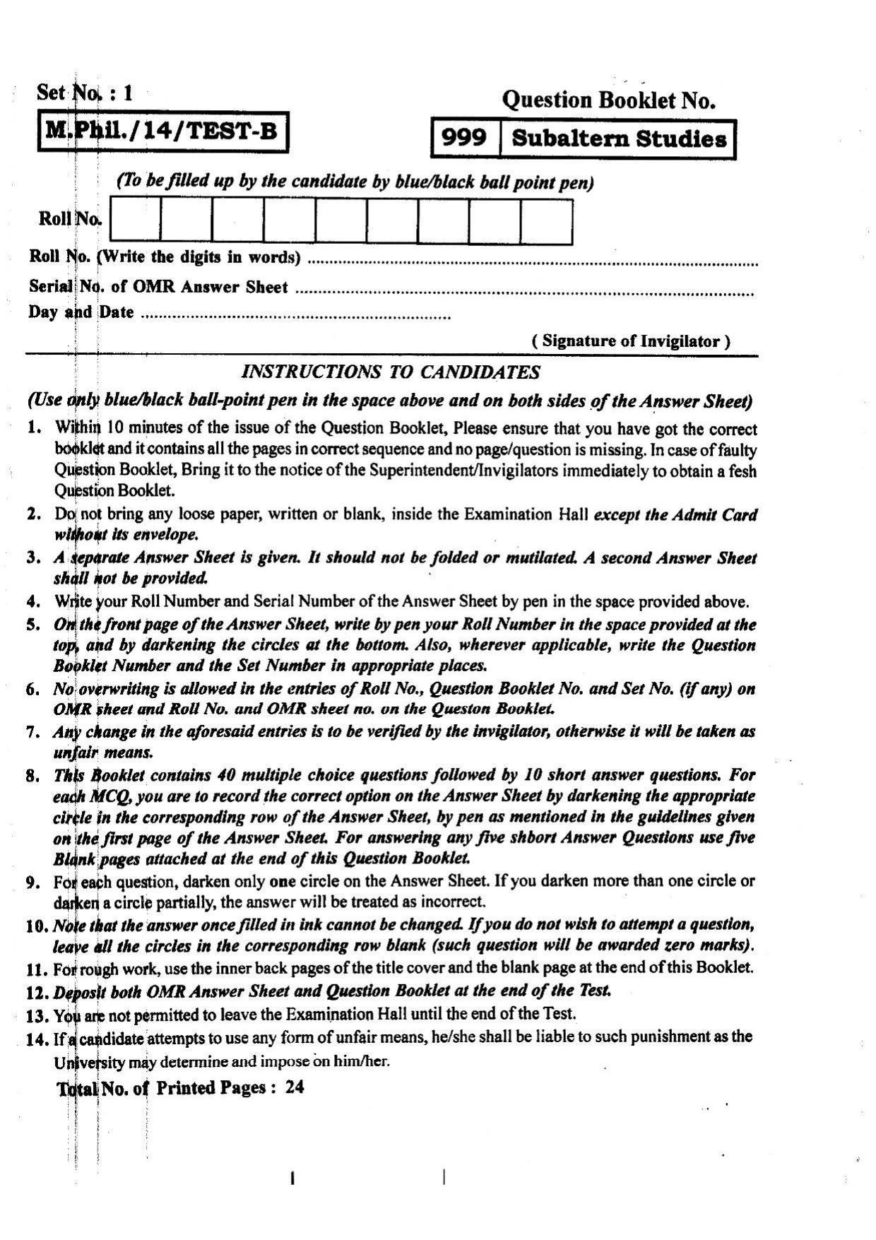 BHU RET Subaltern Studies 2014 Question Paper - Page 1
