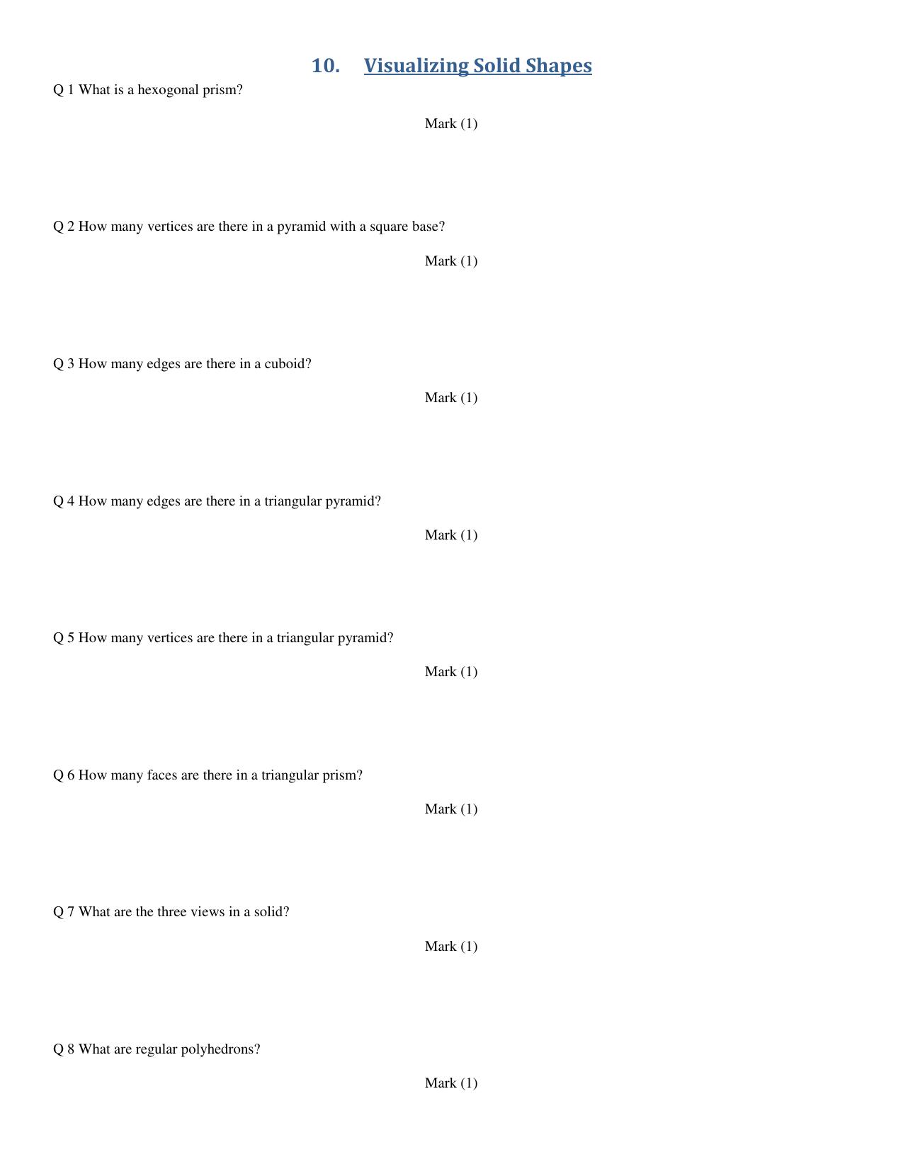 CBSE Worksheets for Class 8 Mathematics Visualizing Solid Shapes Assignment - Page 1