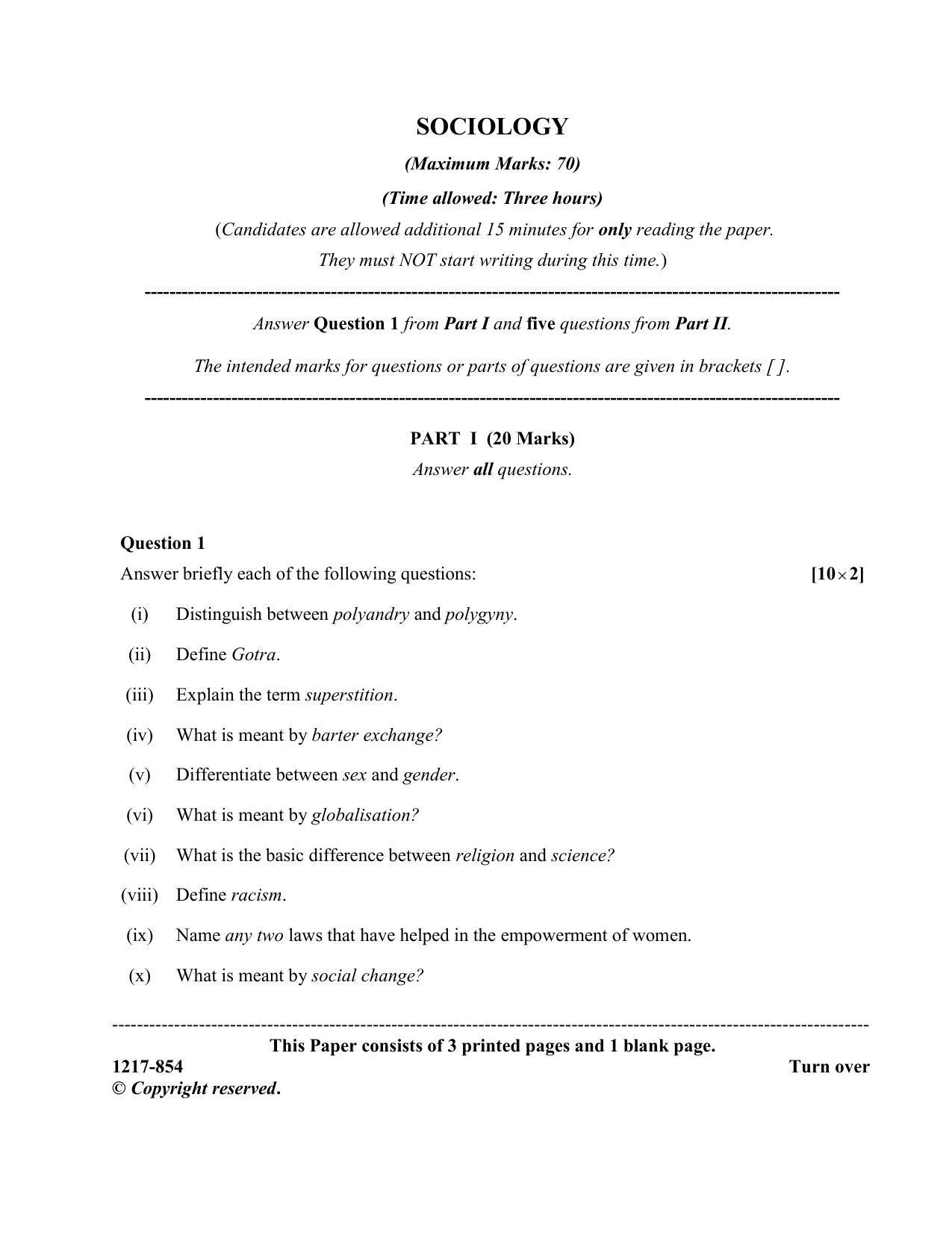 ISC Class 12 2017 Sociology Question Paper - Page 1