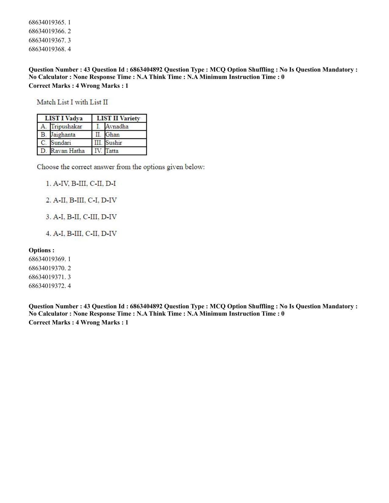 CUET PG 2023:HUQP25 – Music- Percussion (Hindi) - Shift 1 (5-06-2023) Question Paper - Page 43