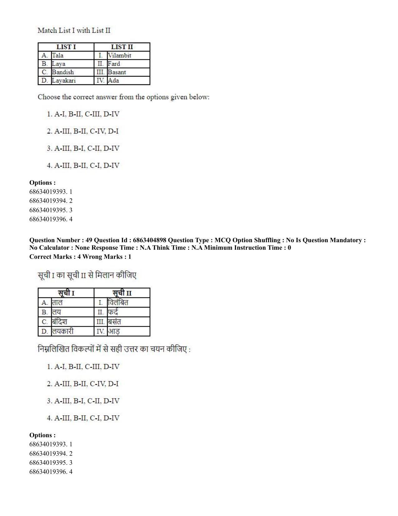 CUET PG 2023:HUQP25 – Music- Percussion (Hindi) - Shift 1 (5-06-2023) Question Paper - Page 49