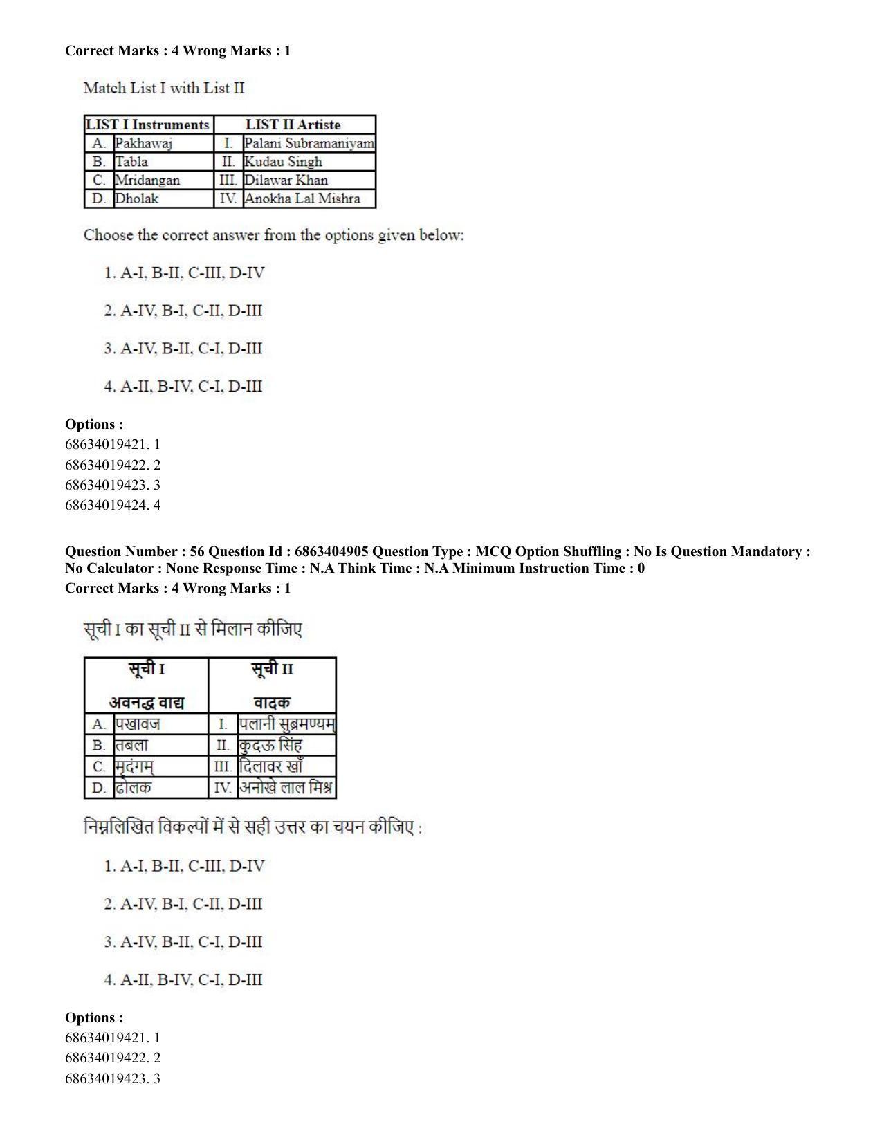 CUET PG 2023:HUQP25 – Music- Percussion (Hindi) - Shift 1 (5-06-2023) Question Paper - Page 56