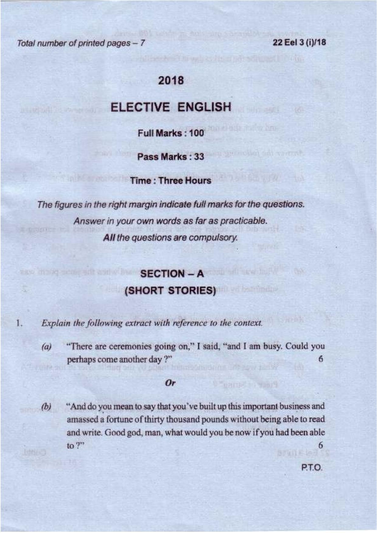 COHSEM Class 12	Elective English 2018 Question Papers - Page 1